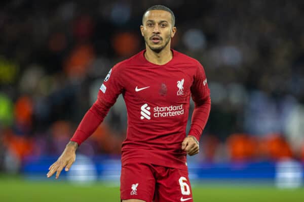 LIVERPOOL, ENGLAND - Tuesday, November 1, 2022: Liverpool's Thiago Alcântara during the UEFA Champions League Group A matchday 6 game between Liverpool FC and SSC Napoli at Anfield. (Pic by David Rawcliffe/Propaganda)