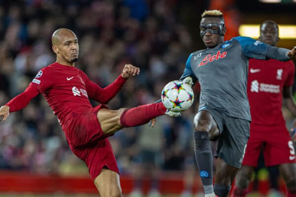 LIVERPOOL, ENGLAND - Tuesday, November 1, 2022: Liverpool's Fabio Henrique Tavares 'Fabinho' (L) and SSC Napoli's Victor Osimhen during the UEFA Champions League Group A matchday 6 game between Liverpool FC and SSC Napoli at Anfield. (Pic by David Rawcliffe/Propaganda)