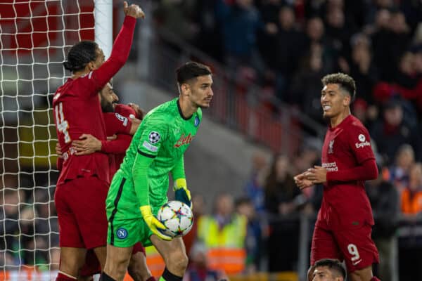 LIVERPOOL, ENGLAND - Tuesday, November 1, 2022: Liverpool's Mohamed Salah celebrates after scoring the first goal during the UEFA Champions League Group A matchday 6 game between Liverpool FC and SSC Napoli at Anfield. (Pic by David Rawcliffe/Propaganda)