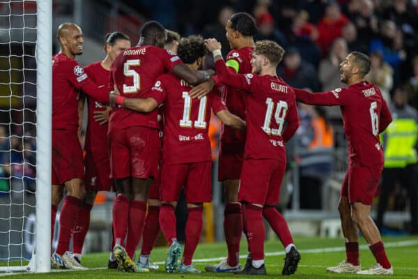 LIVERPOOL, ENGLAND - Tuesday, November 1, 2022: Liverpool's Mohamed Salah (#11) celebrates after scoring the first goal during the UEFA Champions League Group A matchday 6 game between Liverpool FC and SSC Napoli at Anfield. (Pic by David Rawcliffe/Propaganda)