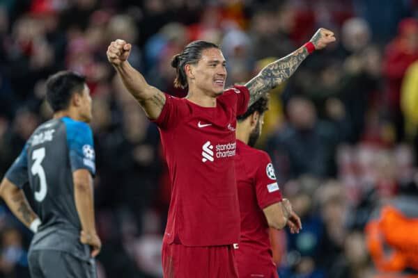 LIVERPOOL, ENGLAND - Tuesday, November 1, 2022: Liverpool's Darwin Núñez celebrates after scoring the second goal during the UEFA Champions League Group A matchday 6 game between Liverpool FC and SSC Napoli at Anfield. (Pic by David Rawcliffe/Propaganda)