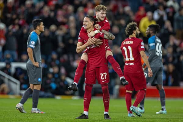 LIVERPOOL, ENGLAND - Tuesday, November 1, 2022: Liverpool's Darwin Núñez celebrates after scoring the second goal during the UEFA Champions League Group A matchday 6 game between Liverpool FC and SSC Napoli at Anfield. (Pic by David Rawcliffe/Propaganda)