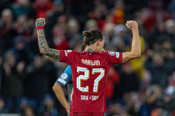 LIVERPOOL, ENGLAND - Tuesday, November 1, 2022: Liverpool's Darwin Núñez celebrates after scoring the second goal during the UEFA Champions League Group A matchday 6 game between Liverpool FC and SSC Napoli at Anfield. (Pic by David Rawcliffe/Propaganda)