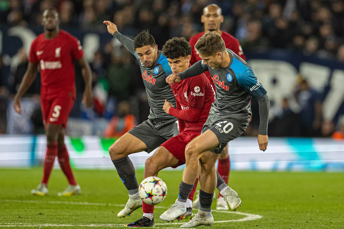 LIVERPOOL, ENGLAND - Tuesday, November 1, 2022: Liverpool's Stefan Bajcetic during the UEFA Champions League Group A matchday 6 game between Liverpool FC and SSC Napoli at Anfield. (Pic by David Rawcliffe/Propaganda)