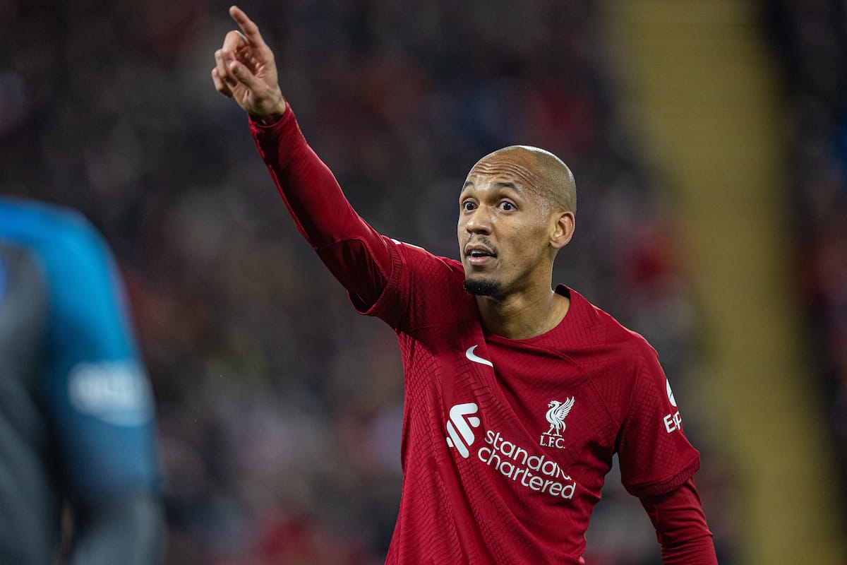 LIVERPOOL, ENGLAND - Tuesday, November 1, 2022: Liverpool's Fabio Henrique Tavares 'Fabinho' during the UEFA Champions League Group A matchday 6 game between Liverpool FC and SSC Napoli at Anfield. (Pic by David Rawcliffe/Propaganda)