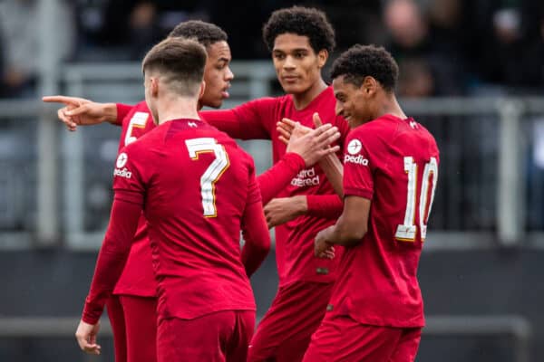 LIVERPOOL, ENGLAND - Tuesday, November 1, 2022: Liverpool's Melkamu Frauendorf (R) celebrates scoring the first goal with team-mates during the UEFA Youth League Group A Matchday 6 game between Liverpool FC Under-19's and SSC Napoli Under-19's at the Liverpool Academy. (Pic by Jessica Hornby/Propaganda)