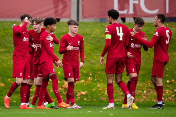 LIVERPOOL, ENGLAND - Tuesday, November 1, 2022: Liverpool's Ben Doak (C) celebrates scoring the second goal with team-mates during the UEFA Youth League Group A Matchday 6 game between Liverpool FC Under-19's and SSC Napoli Under-19's at the Liverpool Academy. (Pic by Jessica Hornby/Propaganda)