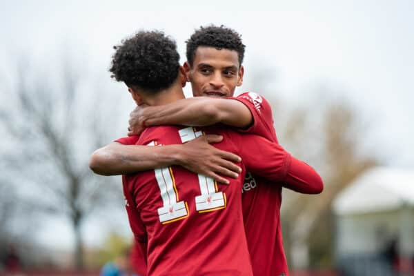 LIVERPOOL, ENGLAND - Tuesday, November 1, 2022: Liverpool's Trent Kone-Doherty celebrates scoring the fifth goal with team-mates Melkamu Frauendorf during the UEFA Youth League Group A Matchday 6 game between Liverpool FC Under-19's and SSC Napoli Under-19's at the Liverpool Academy. (Pic by Jessica Hornby/Propaganda)