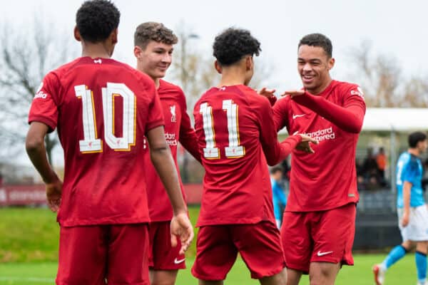 LIVERPOOL, ENGLAND - Tuesday, November 1, 2022: Liverpool's Trent Kone-Doherty (2nd R) celebrates scoring the fifth goal with team-mates Lewis Koumas (L) and Lee Jonas (R) during the UEFA Youth League Group A Matchday 6 game between Liverpool FC Under-19's and SSC Napoli Under-19's at the Liverpool Academy. (Pic by Jessica Hornby/Propaganda)