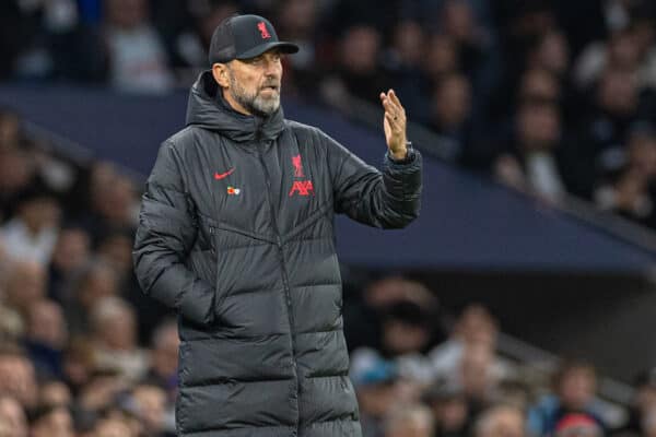 LONDON, ENGLAND - Sunday, November 6, 2022: Liverpool's manager Jürgen Klopp during the FA Premier League match between Tottenham Hotspur FC and Liverpool FC at the Tottenham Hotspur Stadium. (Pic by David Rawcliffe/Propaganda)