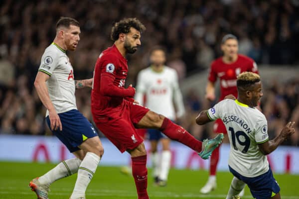 LONDON, ENGLAND - Sunday, November 6, 2022: Liverpool's Mohamed Salah scores the first goal during the FA Premier League match between Tottenham Hotspur FC and Liverpool FC at the Tottenham Hotspur Stadium. (Pic by David Rawcliffe/Propaganda)