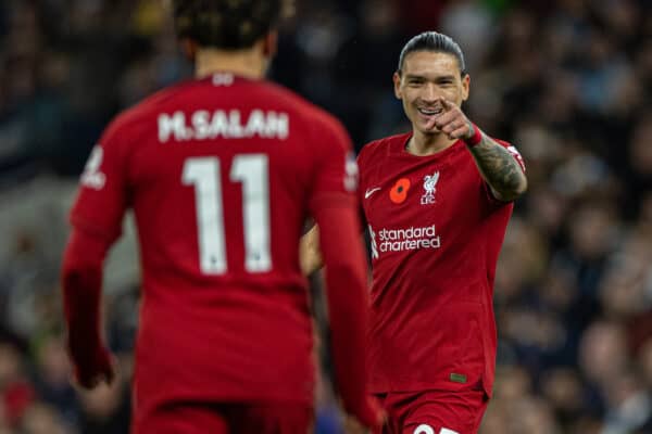 LONDON, ENGLAND - Sunday, November 6, 2022: Liverpool's Darwin Núñez (R) celebrates after Mohamed Salah (L) scores the opening goal during the FA Premier League match between Tottenham Hotspur FC and Liverpool FC at the Tottenham Hotspur Stadium. (Pic by David Rawcliffe/Propaganda)