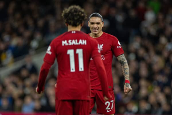 LONDON, ENGLAND - Sunday, November 6, 2022: Liverpool's Darwin Núñez (R) celebrates after Mohamed Salah (L) scores the opening goal during the FA Premier League match between Tottenham Hotspur FC and Liverpool FC at the Tottenham Hotspur Stadium. (Pic by David Rawcliffe/Propaganda)