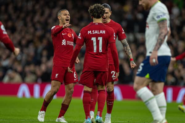 LONDON, ENGLAND - Sunday, November 6, 2022: Liverpool's Thiago Alcântara (L) and Darwin Núñez (R) celebrate with goal-scorer Mohamed Salah after the opening goal during the FA Premier League match between Tottenham Hotspur FC and Liverpool FC at the Tottenham Hotspur Stadium. (Pic by David Rawcliffe/Propaganda)