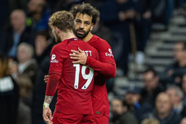 LONDON, ENGLAND - Sunday, November 6, 2022: Liverpool's Mohamed Salah (R) celebrates with team-mate Harvey Elliott after scoring the second goal during the FA Premier League match between Tottenham Hotspur FC and Liverpool FC at the Tottenham Hotspur Stadium. (Pic by David Rawcliffe/Propaganda)