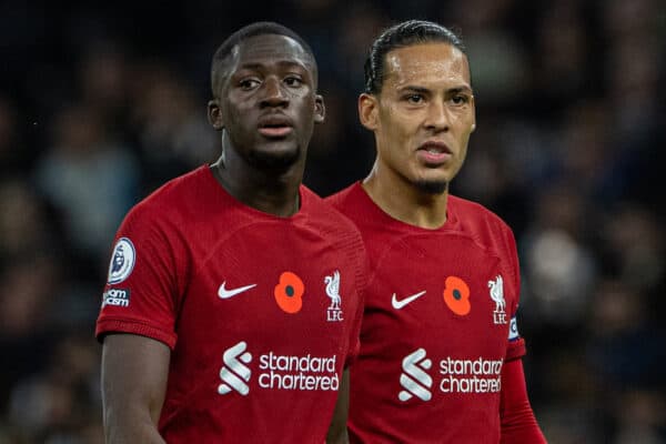 LONDON, ENGLAND - Sunday, November 6, 2022: Liverpool's Ibrahima Konaté (L) and Virgil van Dijk during the FA Premier League match between Tottenham Hotspur FC and Liverpool FC at the Tottenham Hotspur Stadium. (Pic by David Rawcliffe/Propaganda)