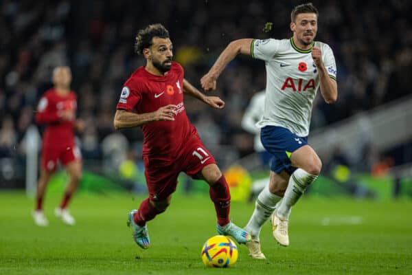 LONDON, ENGLAND - Sunday, November 6, 2022: Liverpool's Mohamed Salah (L) gets away from Tottenham Hotspur's Clément Lenglet during the FA Premier League match between Tottenham Hotspur FC and Liverpool FC at the Tottenham Hotspur Stadium. (Pic by David Rawcliffe/Propaganda)