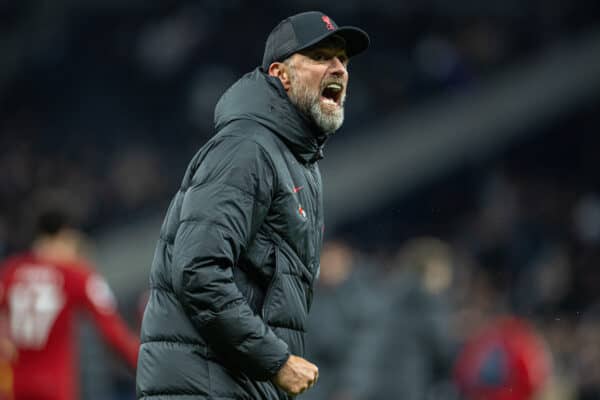 LONDON, ENGLAND - Sunday, November 6, 2022: Liverpool's manager Jürgen Klopp celebrates at the final whistle during the FA Premier League match between Tottenham Hotspur FC and Liverpool FC at the Tottenham Hotspur Stadium. Liverpool won 2-1. (Pic by David Rawcliffe/Propaganda)