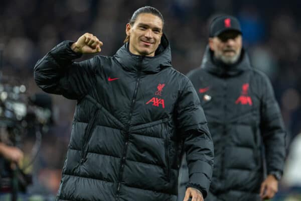 LONDON, ENGLAND - Sunday, November 6, 2022: Liverpool's Darwin Núñez celebrates at the final whistle during the FA Premier League match between Tottenham Hotspur FC and Liverpool FC at the Tottenham Hotspur Stadium. Liverpool won 2-1. (Pic by David Rawcliffe/Propaganda)