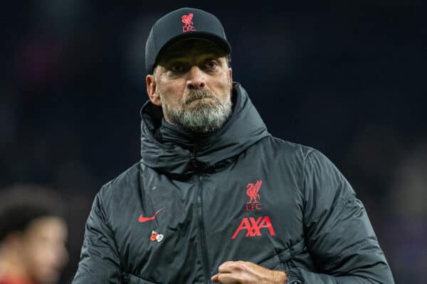 LONDON, ENGLAND - Sunday, November 6, 2022: Liverpool's manager Jürgen Klopp celebrates at the final whistle during the FA Premier League match between Tottenham Hotspur FC and Liverpool FC at the Tottenham Hotspur Stadium. Liverpool won 2-1. (Pic by David Rawcliffe/Propaganda)