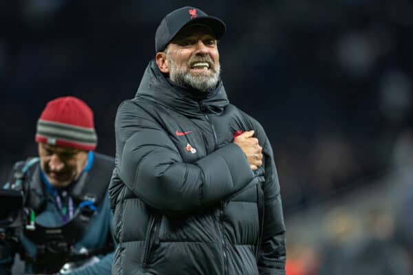 LONDON, ENGLAND - Sunday, November 6, 2022: Liverpool's manager Jürgen Klopp celebrates at the final whistle during the FA Premier League match between Tottenham Hotspur FC and Liverpool FC at the Tottenham Hotspur Stadium. Liverpool won 2-1. (Pic by David Rawcliffe/Propaganda)