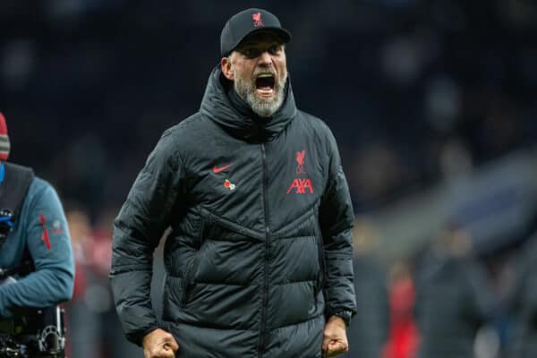 LONDON, ENGLAND - Sunday, November 6, 2022: Liverpool's manager Jürgen Klopp celebrates at the final whistle during the FA Premier League match between Tottenham Hotspur FC and Liverpool FC at the Tottenham Hotspur Stadium. Liverpool won 2-1. (Pic by David Rawcliffe/Propaganda)