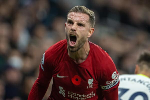 LONDON, ENGLAND - Sunday, November 6, 2022: Liverpool's captain Jordan Henderson reacts during the FA Premier League match between Tottenham Hotspur FC and Liverpool FC at the Tottenham Hotspur Stadium. (Pic by David Rawcliffe/Propaganda)