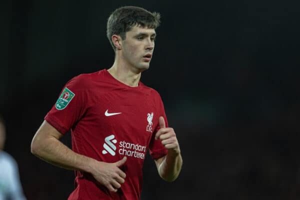 LIVERPOOL, ENGLAND - Wednesday, November 9, 2022: Liverpool's Layton Stewart during the Football League Cup 3rd Round match between Liverpool FC and Derby County FC at Anfield. (Pic by David Rawcliffe/Propaganda)