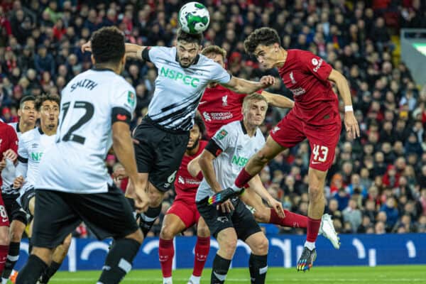 LIVERPOOL, ENGLAND - Wednesday, November 9, 2022: Liverpool's Stefan Bajcetic (R) challenges for a header with Derby County's Eiran Cashin during the Football League Cup 3rd Round match between Liverpool FC and Derby County FC at Anfield. (Pic by David Rawcliffe/Propaganda)