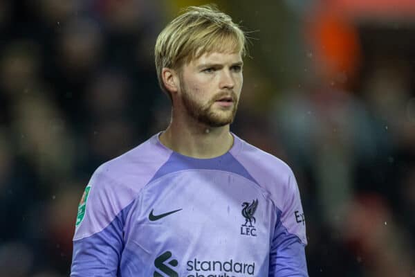 LIVERPOOL, ENGLAND - Wednesday, November 9, 2022: Liverpool's goalkeeper Caoimhin Kelleher during the Football League Cup 3rd Round match between Liverpool FC and Derby County FC at Anfield. (Pic by David Rawcliffe/Propaganda)