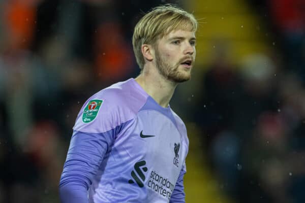 LIVERPOOL, ENGLAND - Wednesday, November 9, 2022: Liverpool's goalkeeper Caoimhin Kelleher during the Football League Cup 3rd Round match between Liverpool FC and Derby County FC at Anfield. (Pic by David Rawcliffe/Propaganda)