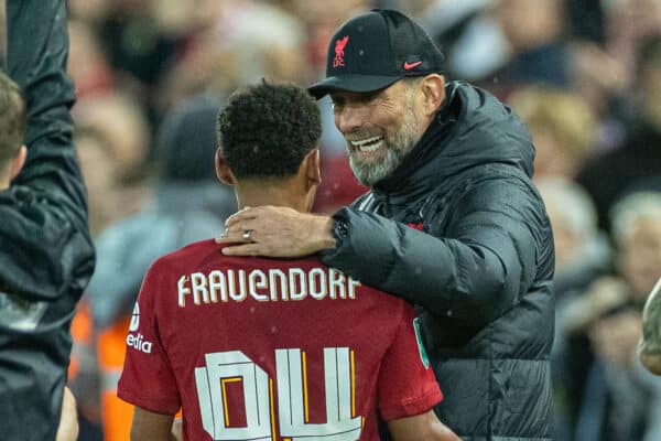 LIVERPOOL, ENGLAND - Wednesday, November 9, 2022: Liverpool's manager Jürgen Klopp embraces Melkamu Frauendorf during the Football League Cup 3rd Round match between Liverpool FC and Derby County FC at Anfield. (Pic by David Rawcliffe/Propaganda)