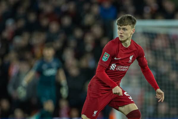 LIVERPOOL, ENGLAND - Wednesday, November 9, 2022: Liverpool's Ben Doak during the Football League Cup 3rd Round match between Liverpool FC and Derby County FC at Anfield. (Pic by David Rawcliffe/Propaganda)