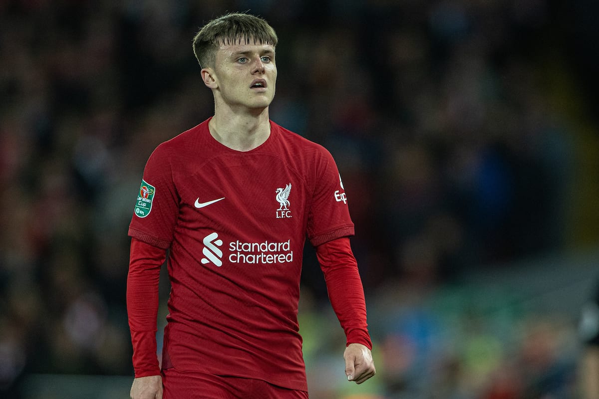 LIVERPOOL, ENGLAND - Wednesday, November 9, 2022: Liverpool's Ben Doak during the Football League Cup 3rd Round match between Liverpool FC and Derby County FC at Anfield. (Pic by David Rawcliffe/Propaganda)