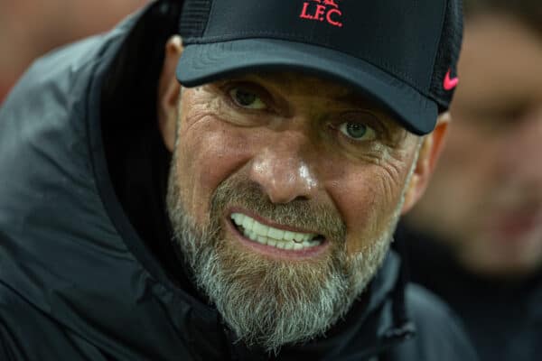 LIVERPOOL, ENGLAND - Wednesday, November 9, 2022: Liverpool's manager Jürgen Klopp before the Football League Cup 3rd Round match between Liverpool FC and Derby County FC at Anfield. (Pic by David Rawcliffe/Propaganda)