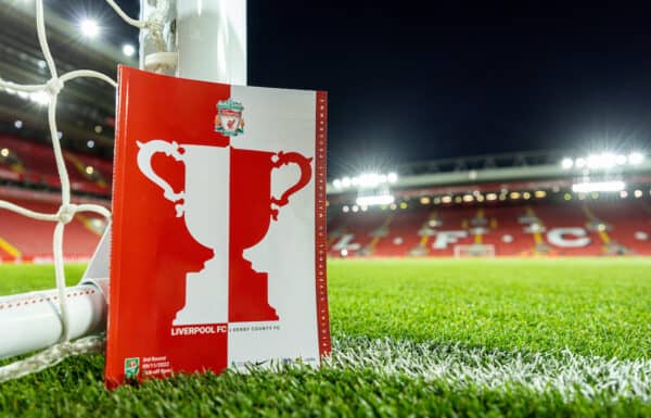 LIVERPOOL, ENGLAND - Wednesday, November 9, 2022: An image of the Football League cup Trophy, of which Liverpool are holders, pictured on the cover of the match day programme before the Football League Cup 3rd Round match between Liverpool FC and Derby County FC at Anfield. (Pic by David Rawcliffe/Propaganda)