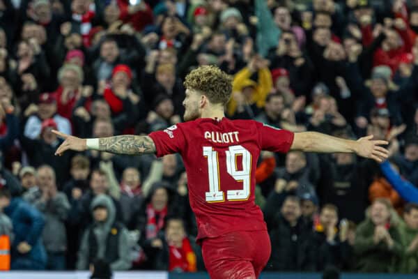 LIVERPOOL, ENGLAND - Wednesday, November 9, 2022: Liverpool's Harvey Elliott celebrates after scoring the winning penalty of the shoot-out during the Football League Cup 3rd Round match between Liverpool FC and Derby County FC at Anfield. (Pic by David Rawcliffe/Propaganda)