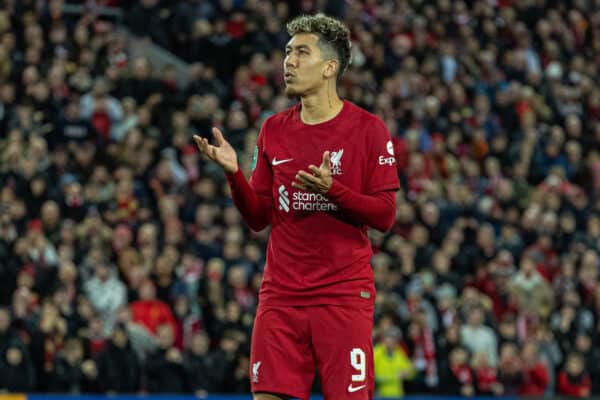 LIVERPOOL, ENGLAND - Wednesday, November 9, 2022: Liverpool's Roberto Firmino reacts after missing a penalty in the shoot-out during the Football League Cup 3rd Round match between Liverpool FC and Derby County FC at Anfield. (Pic by David Rawcliffe/Propaganda)