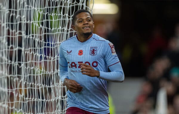 MANCHESTER, ENGLAND - Thursday, November 10, 2022: Aston Villa's Leon Bailey celebrates after his header forced an own-goal to give his side a 2-1 lead during the Football League Cup 3rd Round match between Manchester United FC and Aston Villa FC at Old Trafford. (Pic by David Rawcliffe/Propaganda)