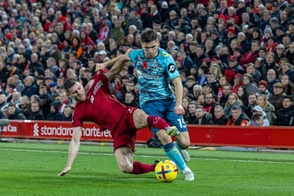 LIVERPOOL, ENGLAND - Saturday, November 12, 2022: Liverpool's James Milner (L) challenges Southampton's Romain Perraud during the FA Premier League match between Liverpool FC and Southampton FC at Anfield. (Pic by David Rawcliffe/Propaganda)