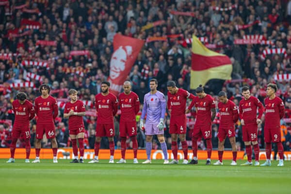 LIVERPOOL, ENGLAND - Saturday, November 12, 2022: Liverpool players stand for a minute's silence before the FA Premier League match between Liverpool FC and Southampton FC at Anfield. (Pic by David Rawcliffe/Propaganda)