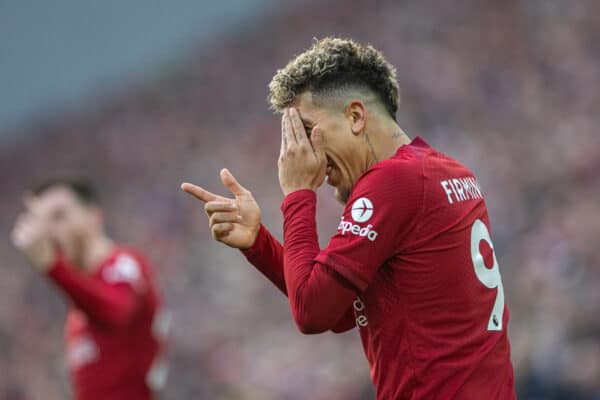 LIVERPOOL, ENGLAND - Saturday, November 12, 2022: Liverpool's Roberto Firmino celebrates after scoring the first goal during the FA Premier League match between Liverpool FC and Southampton FC at Anfield. (Pic by David Rawcliffe/Propaganda)