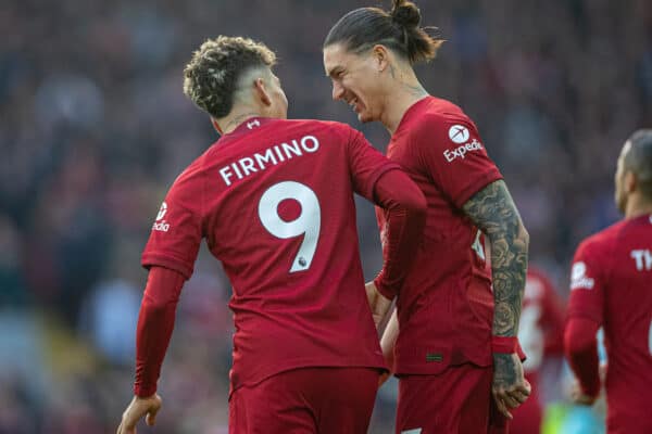 LIVERPOOL, ENGLAND - Saturday, November 12, 2022: Liverpool's Roberto Firmino (L) celebrates with team-mate Darwin Núñez after scoring the first goal during the FA Premier League match between Liverpool FC and Southampton FC at Anfield. (Pic by David Rawcliffe/Propaganda)