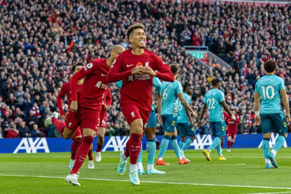 LIVERPOOL, ENGLAND - Saturday, November 12, 2022: Liverpool's Roberto Firmino celebrates after scoring the first goal during the FA Premier League match between Liverpool FC and Southampton FC at Anfield. (Pic by David Rawcliffe/Propaganda)