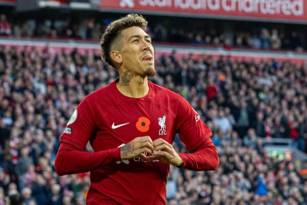 LIVERPOOL, ENGLAND - Saturday, November 12, 2022: Liverpool's Roberto Firmino celebrates after scoring the first goal during the FA Premier League match between Liverpool FC and Southampton FC at Anfield. (Pic by David Rawcliffe/Propaganda)