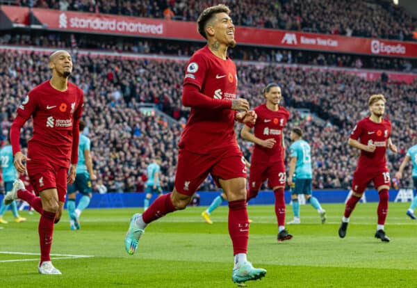 LIVERPOOL, ENGLAND - Saturday, November 12, 2022: Liverpool's Roberto Firmino celebrates after scoring the first goal during the FA Premier League match between Liverpool FC and Southampton FC at Anfield. (Pic by David Rawcliffe/Propaganda)