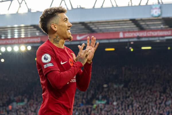 LIVERPOOL, ENGLAND - Saturday, November 12, 2022: Liverpool's Roberto Firmino celebrates after scoring the first goal during the FA Premier League match between Liverpool FC and Southampton FC at Anfield. (Pic by David Rawcliffe/Propaganda)