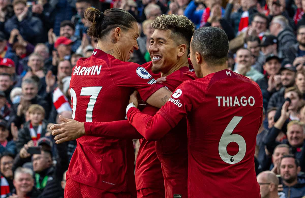 LIVERPOOL, ENGLAND - Saturday, November 12, 2022: Liverpool's Roberto Firmino celebrates after scoring the first goal during the FA Premier League match between Liverpool FC and Southampton FC at Anfield. (Pic by David Rawcliffe/Propaganda)