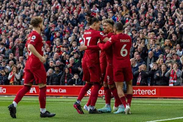 LIVERPOOL, ENGLAND - Saturday, November 12, 2022: Liverpool's Roberto Firmino celebrates after scoring the first goal during the FA Premier League match between Liverpool FC and Southampton FC at Anfield. (Pic by David Rawcliffe/Propaganda)