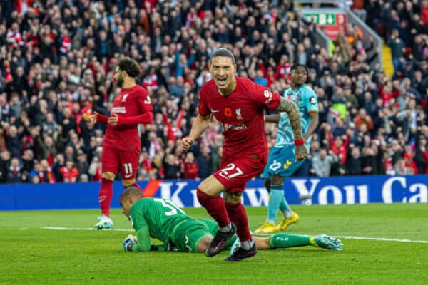 LIVERPOOL, ENGLAND - Saturday, November 12, 2022: Liverpool's Darwin Núñez celebrates after scoring the second goal during the FA Premier League match between Liverpool FC and Southampton FC at Anfield. (Pic by David Rawcliffe/Propaganda)